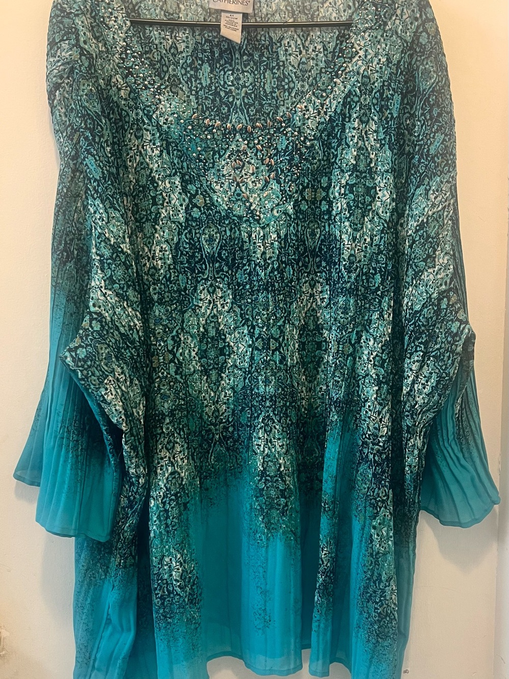 Catherines Teal Patterned Beaded Scoop-Neck Tunic